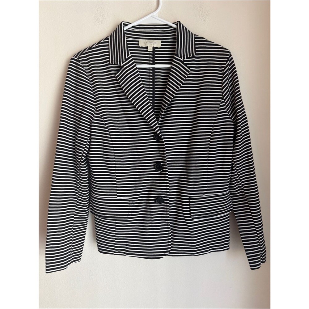 Talbots Black and White Striped sweatshirt soft Knit Blazer suit jacket women PL